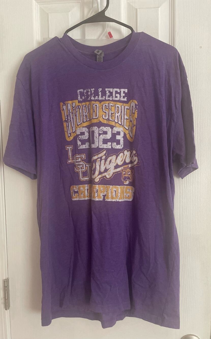 LSU 2023 College World Series Next Level NLA Shirt Purple Gold Design in XL, B83